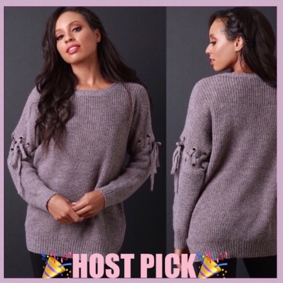 Plum Chunky Knit Lace Up Sleeves Accent Sweater Top - Picture 2 of 8